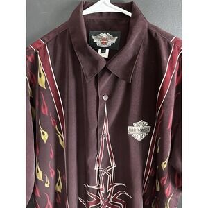 Vintage Harley Davidson Button Shirt Tribal Mens Large L‎ Red Hawaiian Flame